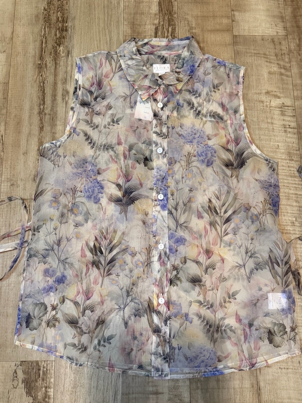 FLORA by Alexandria Marie Silk Organza Floral Blouse Tie Waist Size S NWT